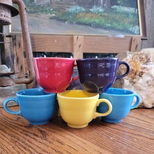 5 Homer Laughlin Fiestaware Tea Cups 2.75" Vintage 1997, Blue, Red, Purple, & Ye